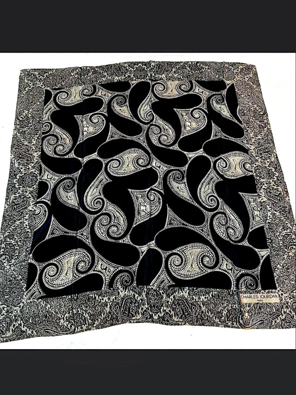 Excellent Vintage Charles Jourdan Paris 34-Inch Silk Carre - Monochrome Paisley